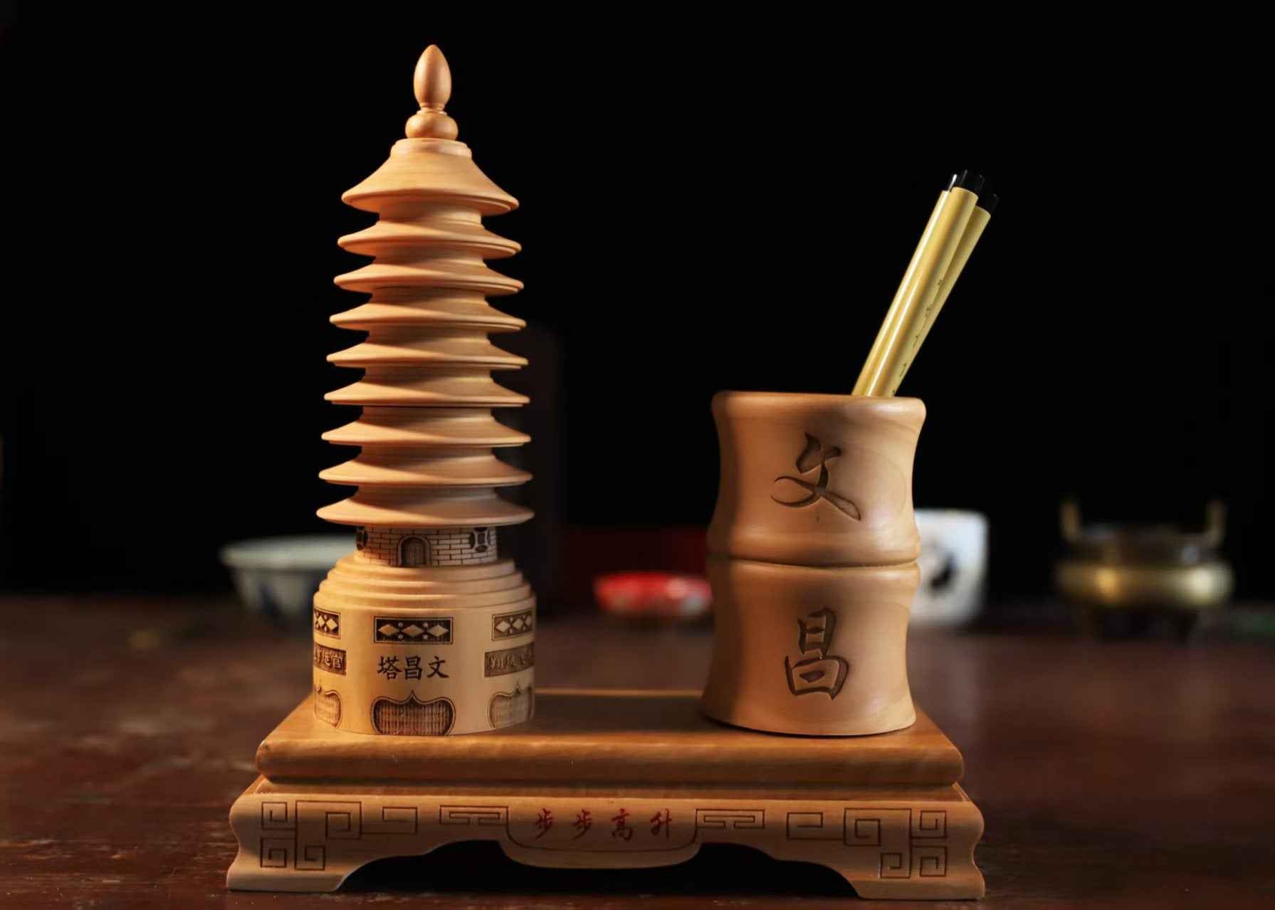 Scholar's Pagoda Pen Holder - Peach Wood Craftsmanship